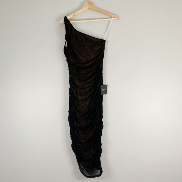 Lulus Already RSVP'd Black Ruched One Shoulder Bodycon Dress Mesh Mini NWT M - Picture 1 of 12